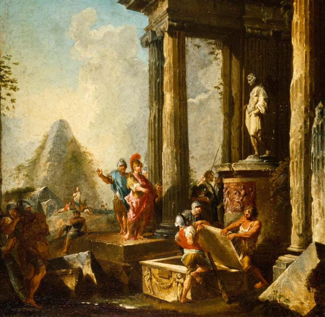 اسکندر جلوی تابوت آشیل؛ منبع عکس: The Walters Art Museum، عکاس: Giovanni Paolo Panini