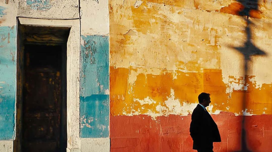 عکاسی خیابانی از مردی در حال عبور از مقابل دیواری رنگارنگ؛ منبع عکس: 121clicks؛ عکاس: Saul Leiter