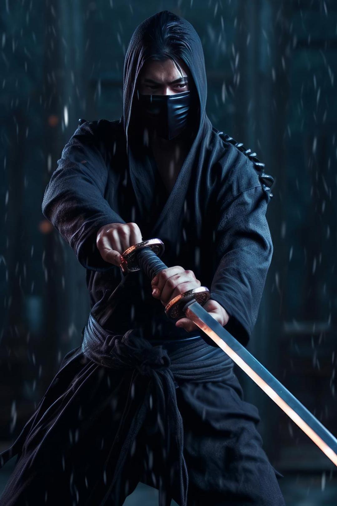 نینجای سیاه پوش شمشیر به دست زیر باران؛ منبع عکس: Bushido Karate Club، پدیدآورنده: نامشخص