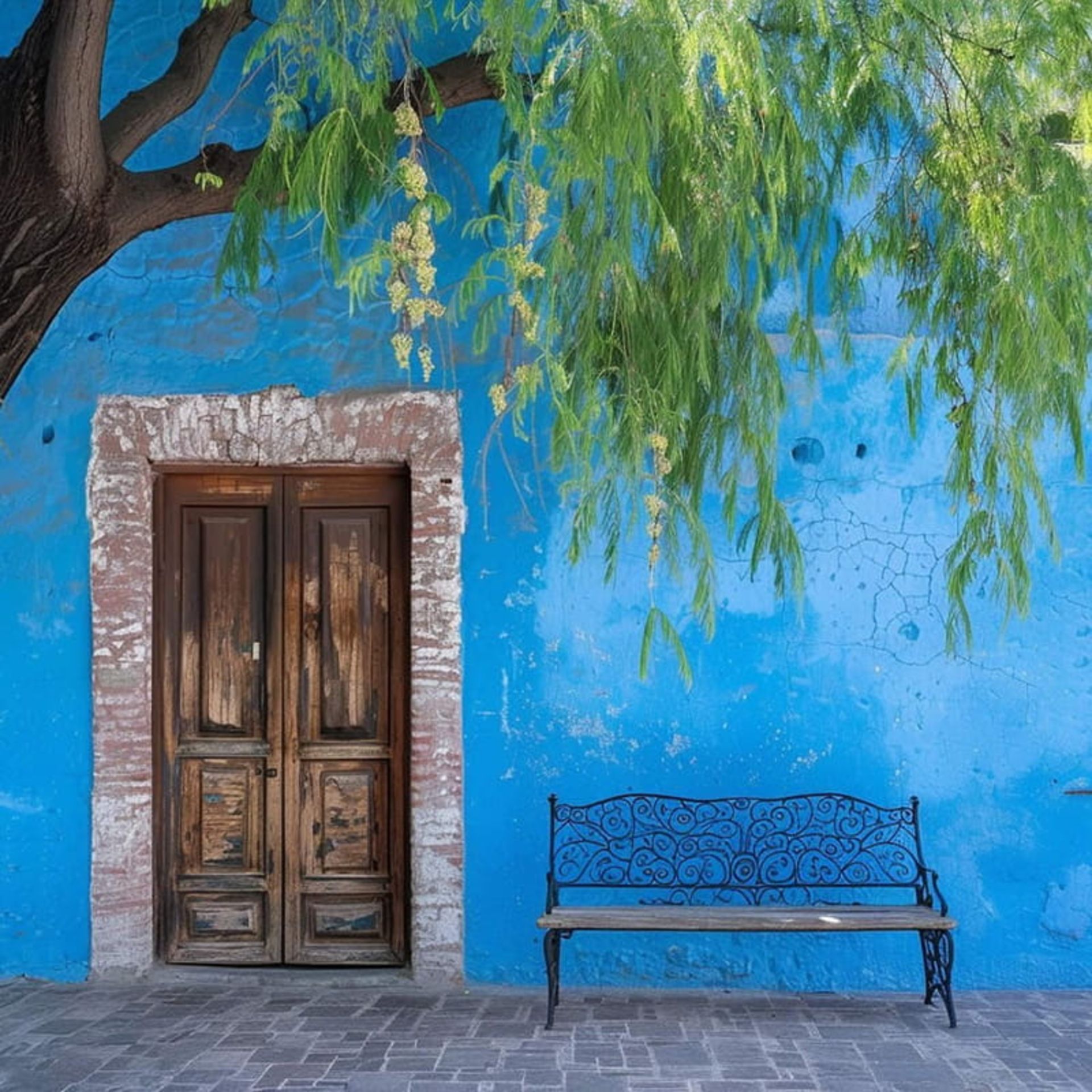 نیمکت و دیوار آبی کنار درب چوبی 