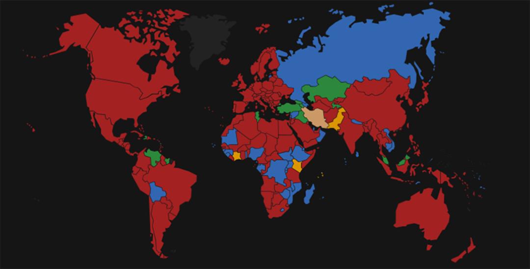 نقشه اعتبار ویزای ایران در کشورهای مختلف؛ منبع عکس: passportindex.org؛ عکاس: نامشخص