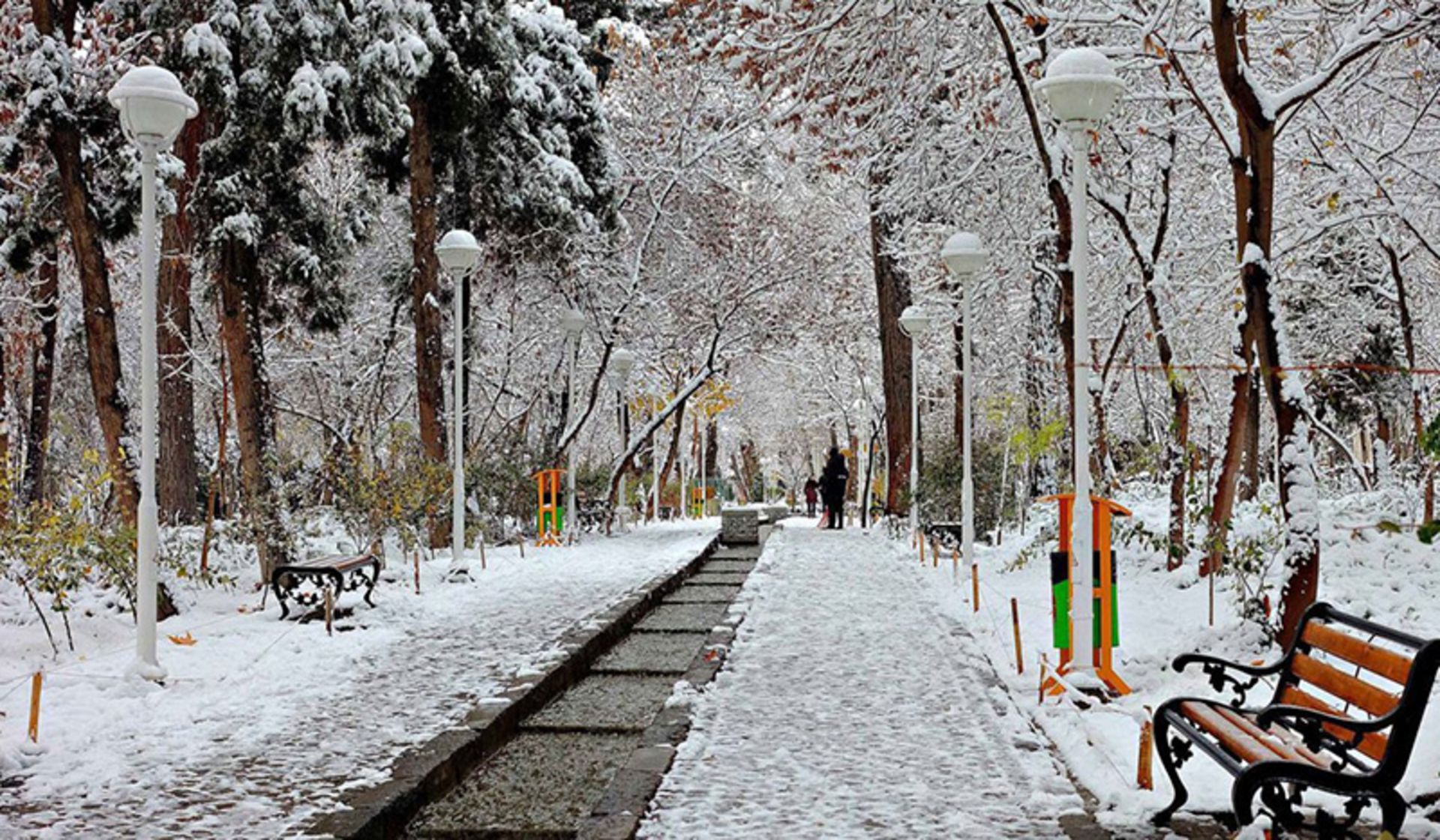 منظره سفیدپوش شده پارکی در مشهد