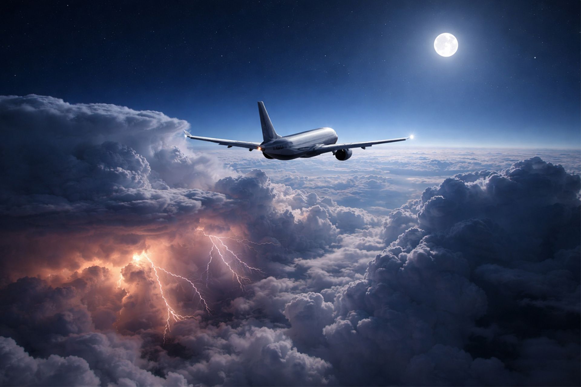 تصویر دراماتیک از نمای پشت یک هواپیمای مسافربری در حال پرواز شبانه