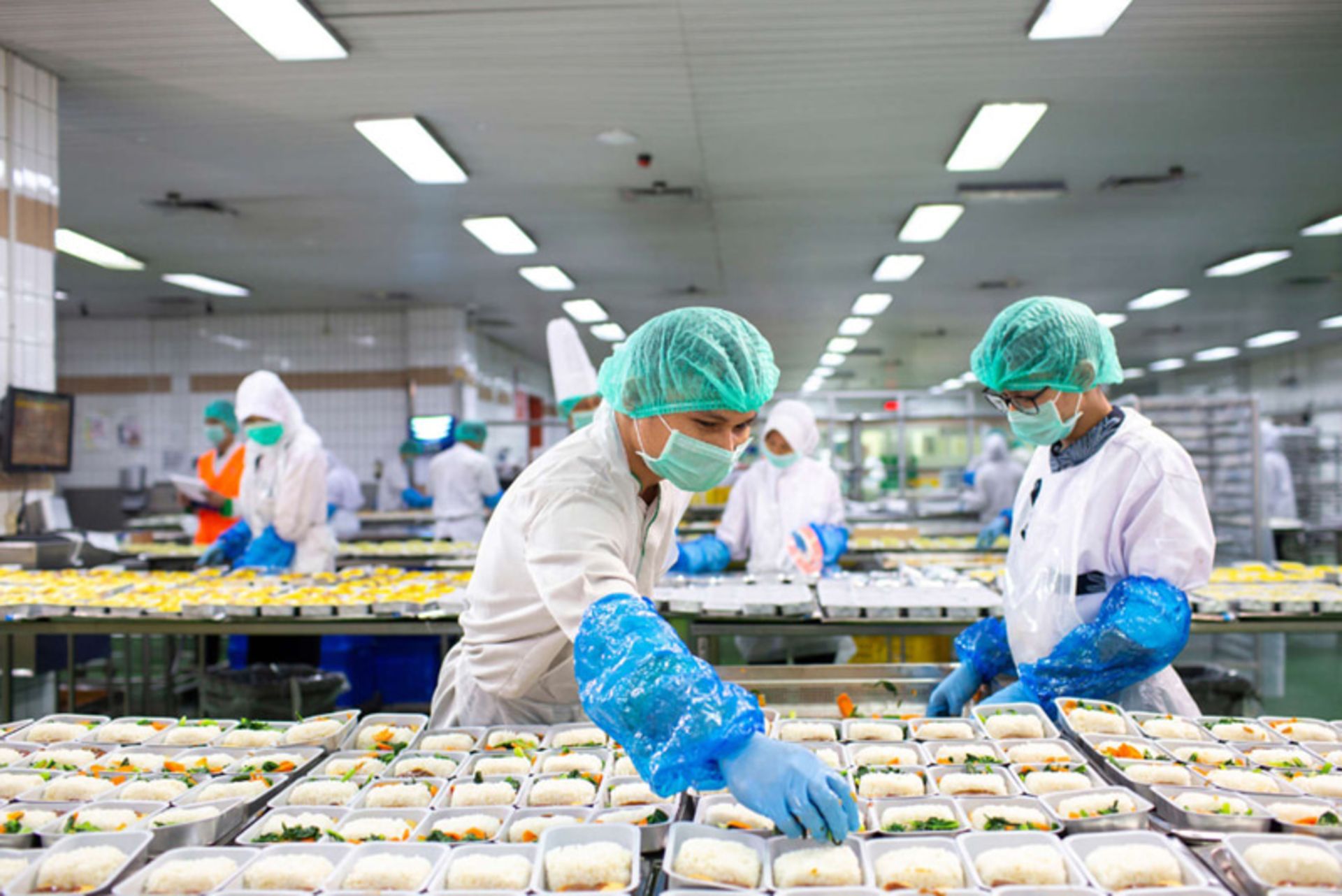 دو فرد در حال آماده سازی غذای هواپیما