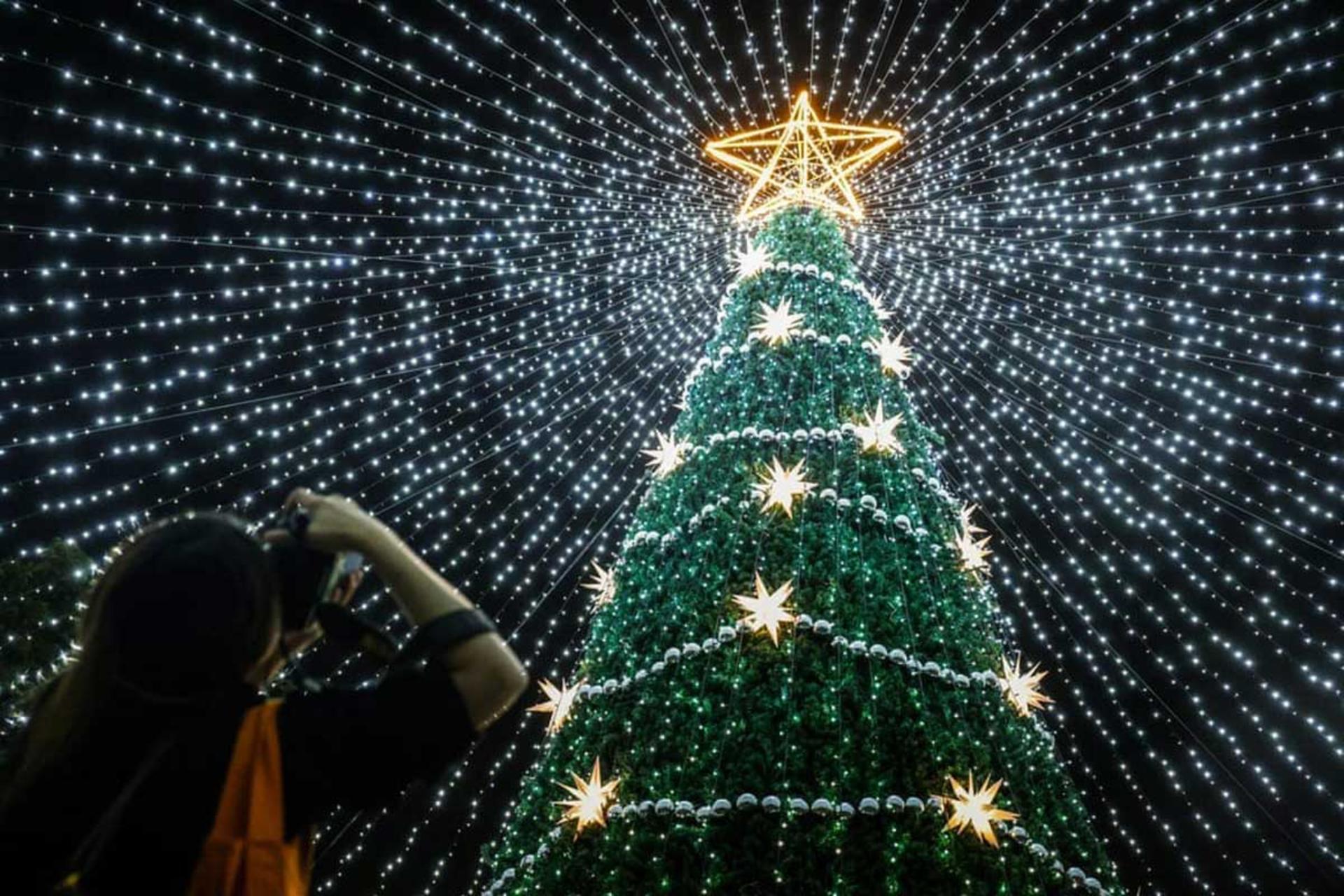 زنی در حال عکس گرفتن از تزئینات کریسمس در تایوان