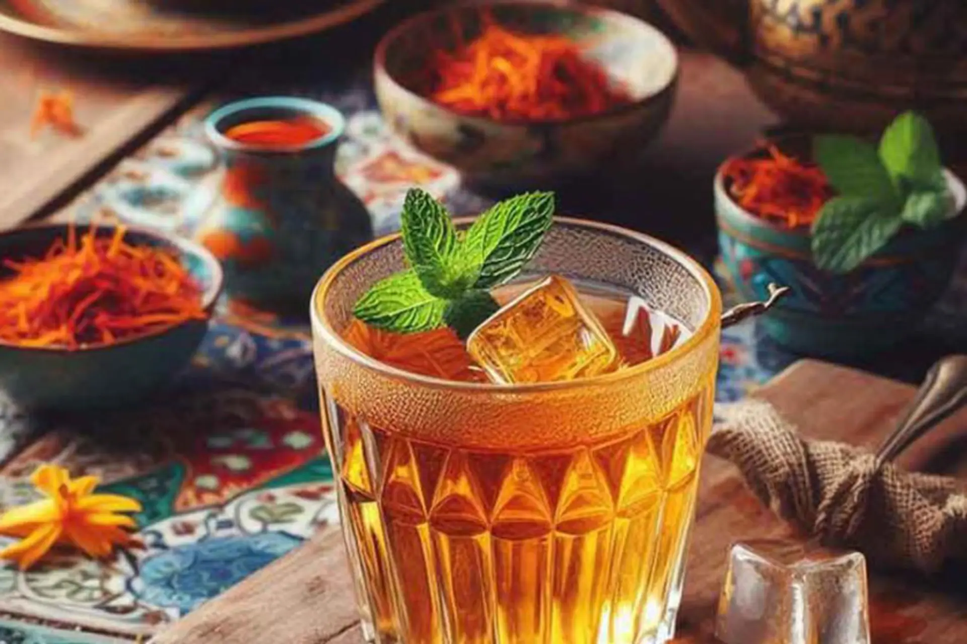 شربت زعفران با تزیین برگ نعنا؛ منبع عکس: وب سایت mealscook.com؛ عکاس: نامشخص