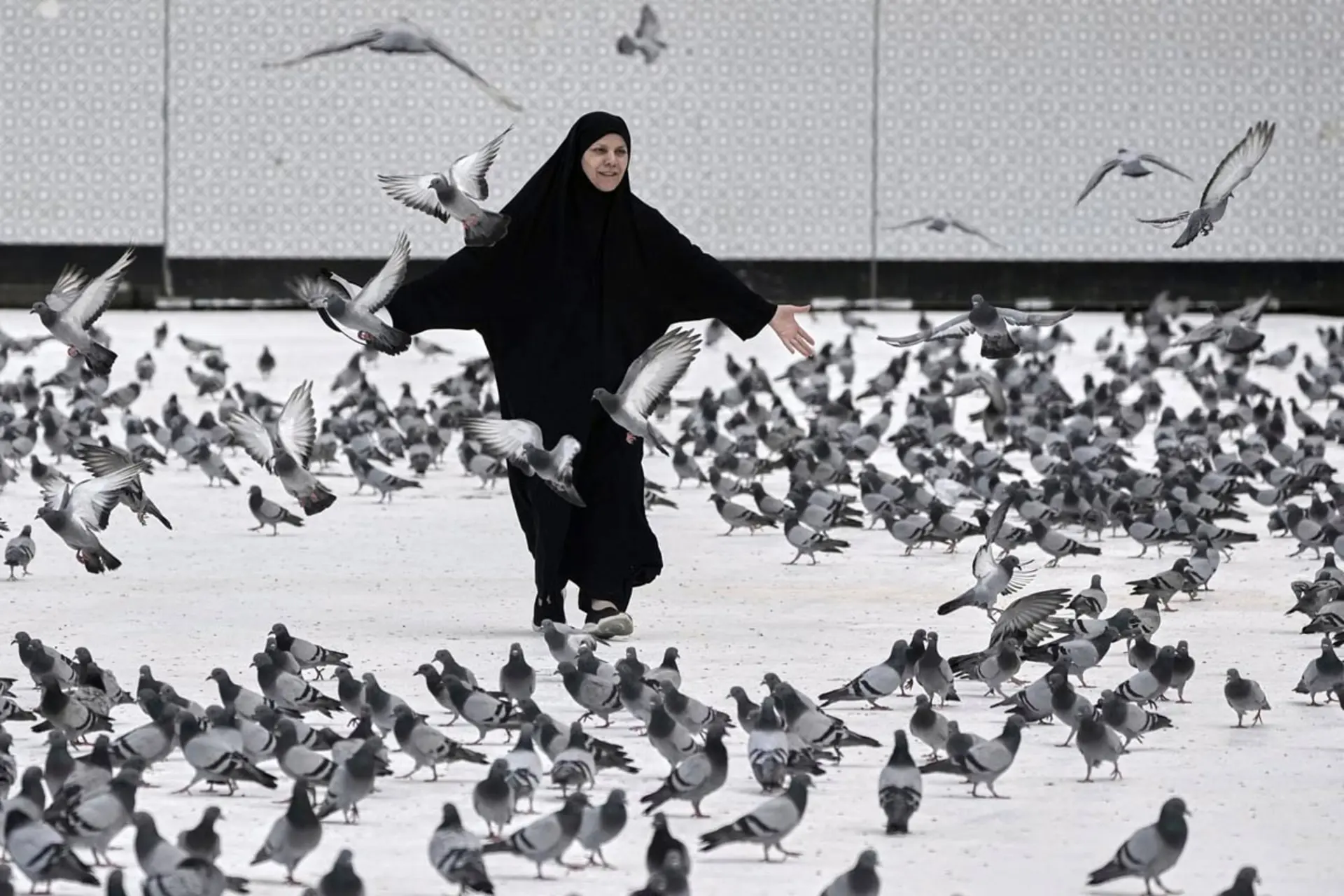بازی زن مسلمان با کبوتران در مکه