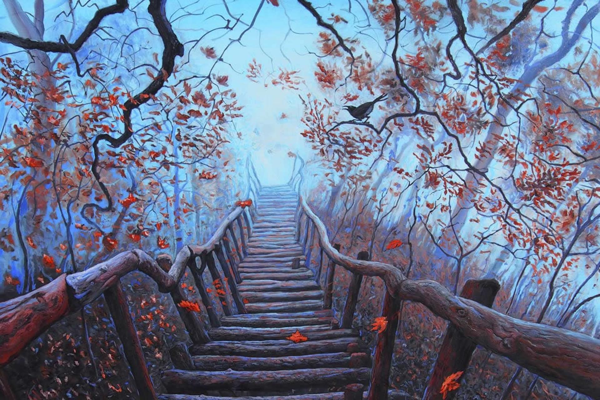 نقاشی پلکان چوبی در جنگل