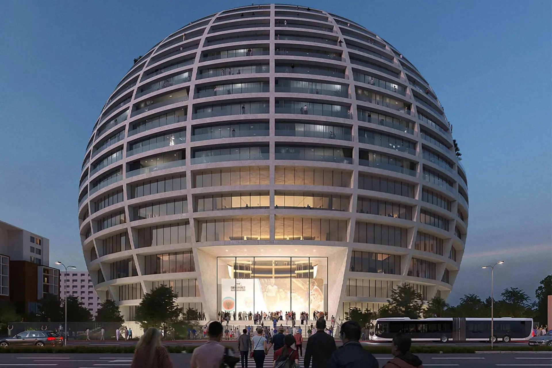 کره درخشان آلبانی؛ نمای ورودی شبانه