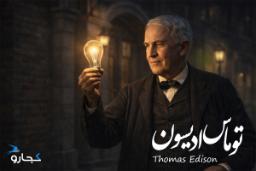 توماس ادیسون و لامپ در دستش