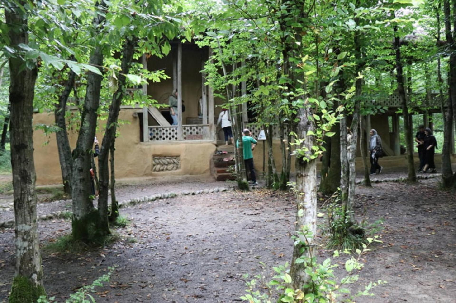 خانه‌ای سنتی در میان درختان سرسبز جنگلی موزه میراث روستایی گیلان