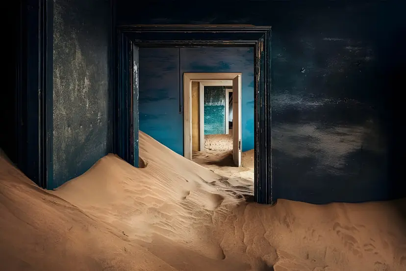 شن‌های بیابان در میان اتاق‌های متروکه شهر ارواح کولمانسکوپ (Kolmanskop) جاری شده است