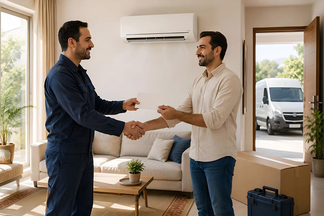 تعمیرکار کولر گازی (Air Conditioner) در حال دست دادن با مشتری در منزل