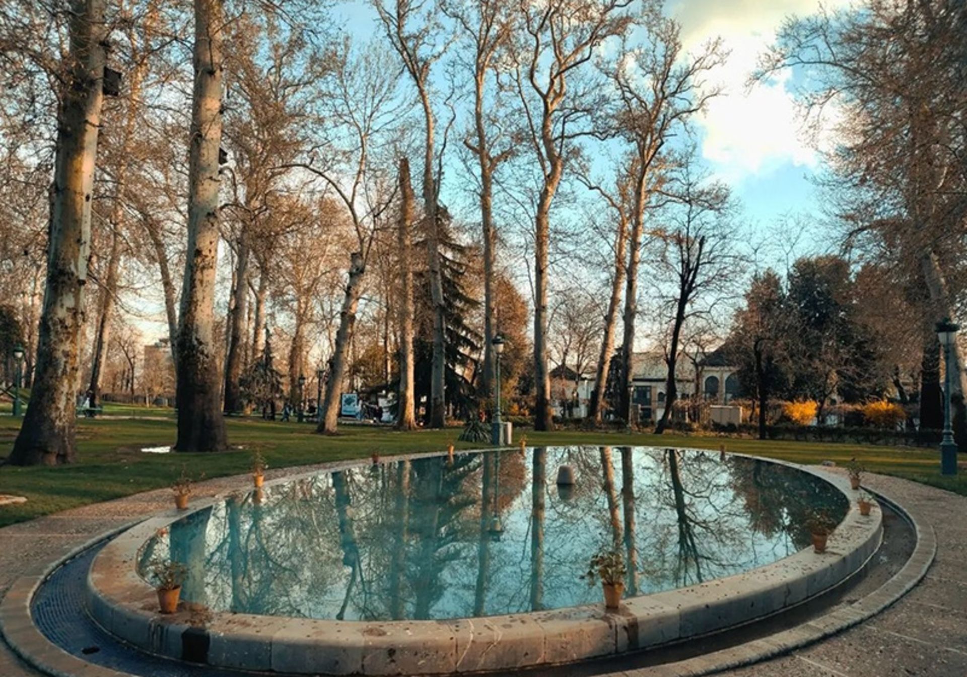 حوض آب در میان محوطه سرسبز کاخ نیاوران