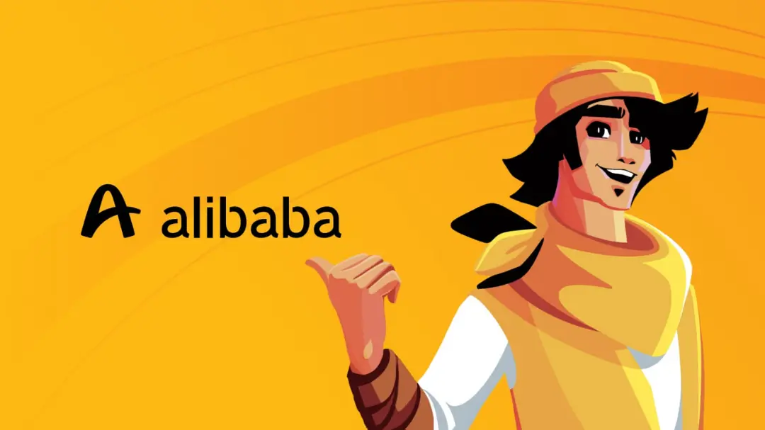 لوگوی علی‌بابا (Alibaba) در کنار کاراکتر انیمیشنی مرد با لباس زرد