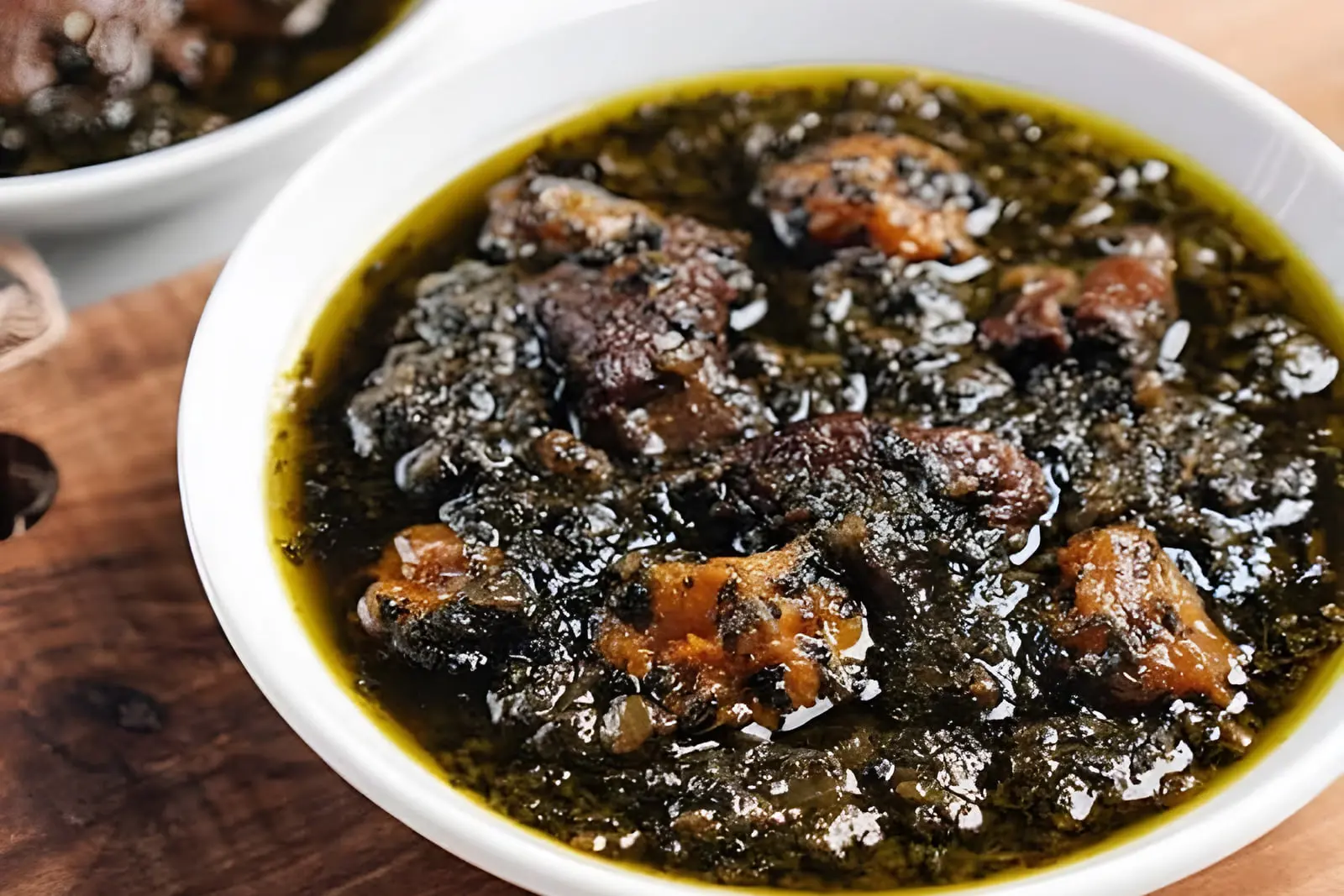 خورش آلو اسفناج حاوی تکه‌های گوشت و سبزیجات در ظرف سفید