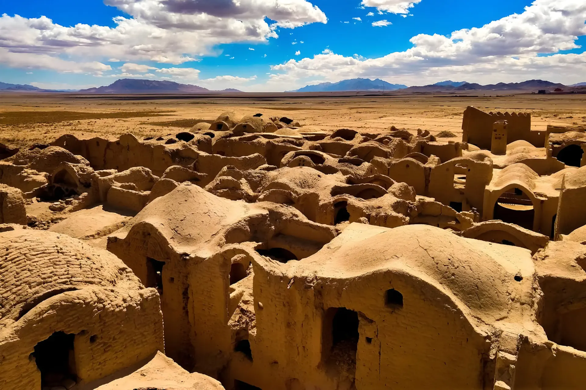 بناهای خشتی و گنبدهای قدیمی در یک روستای تاریخی کویری