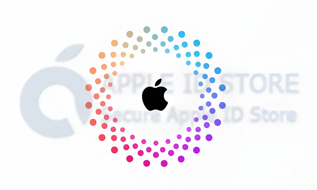لوگوی اپل (Apple) در میان حلقه‌ای از نقاط رنگی و متنوع