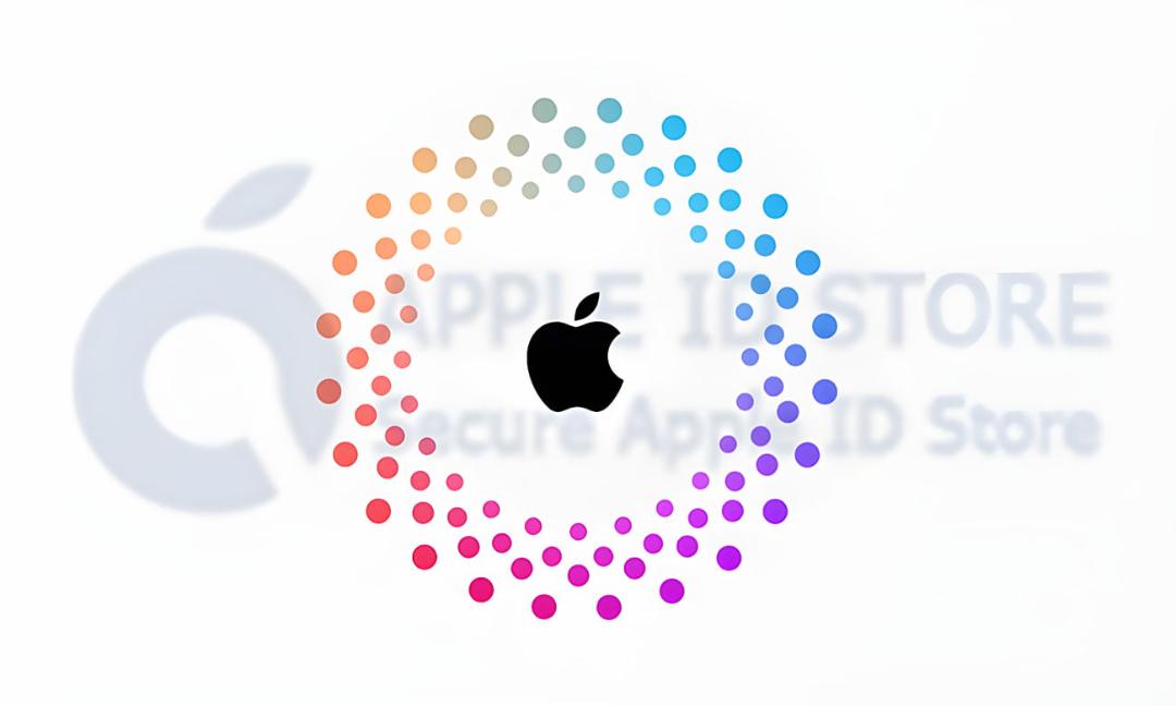 لوگوی اپل (Apple) در میان حلقه‌ای از نقاط رنگی و متنوع