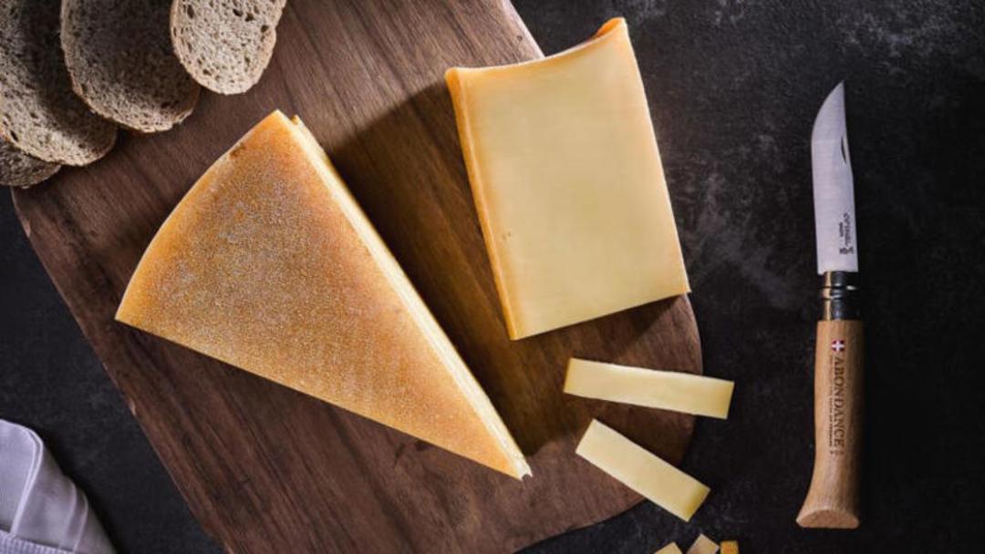 قطعات پنیر مختلف و نان تست روی یک تخته چوبی