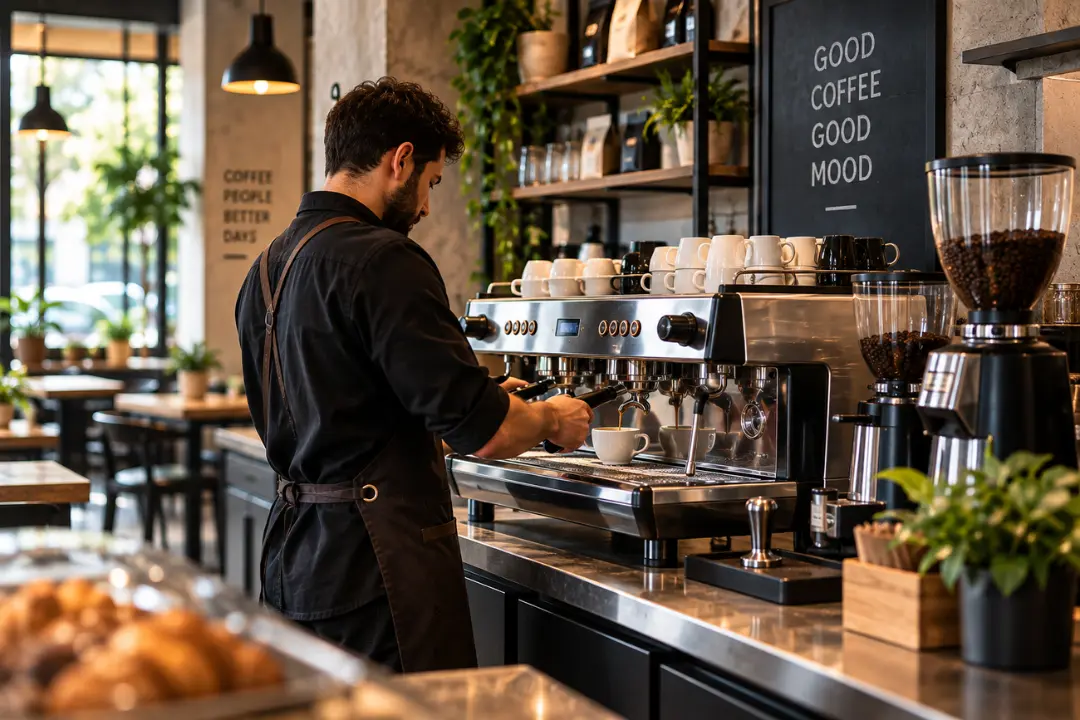 باریستا (Barista) در حال دم کردن قهوه با دستگاه اسپرسوساز صنعتی