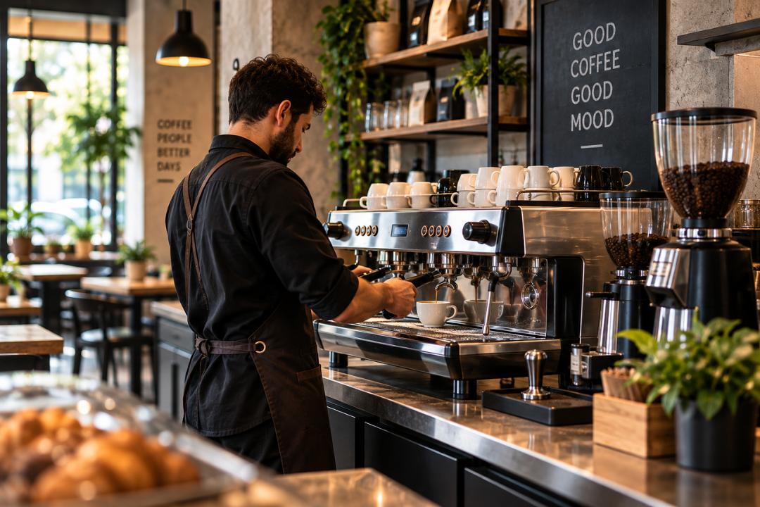 باریستا (Barista) در حال دم کردن قهوه با دستگاه اسپرسوساز صنعتی