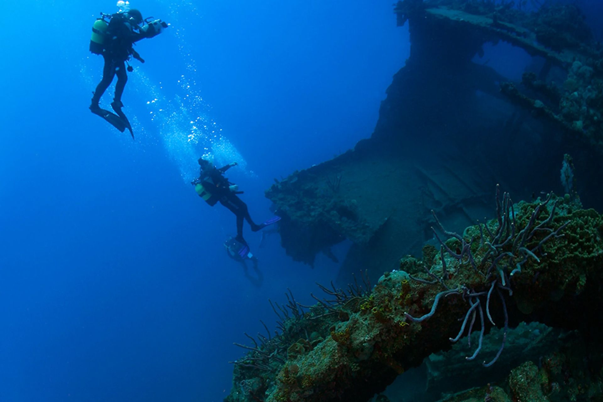 نمای ضدنور از غواصان که در حال شنا به سمت لاشه عظیم و تاریک یک کشتی غرق‌شده در کف اقیانوس