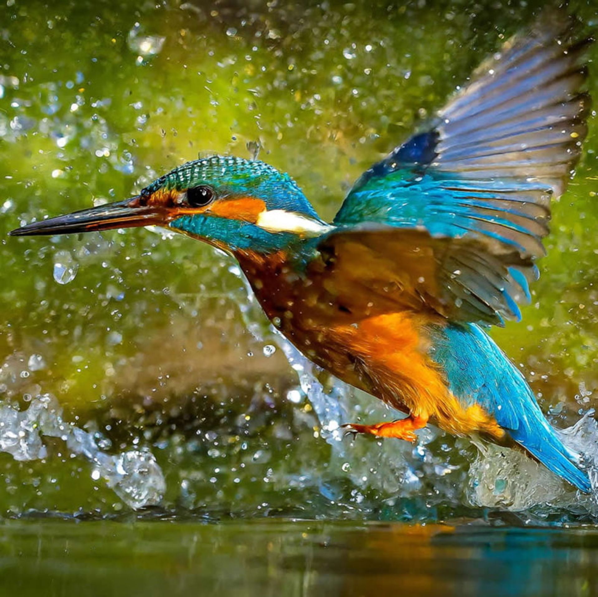 ماهی‌خورک رنگارنگ در حال پرواز از سطح آب