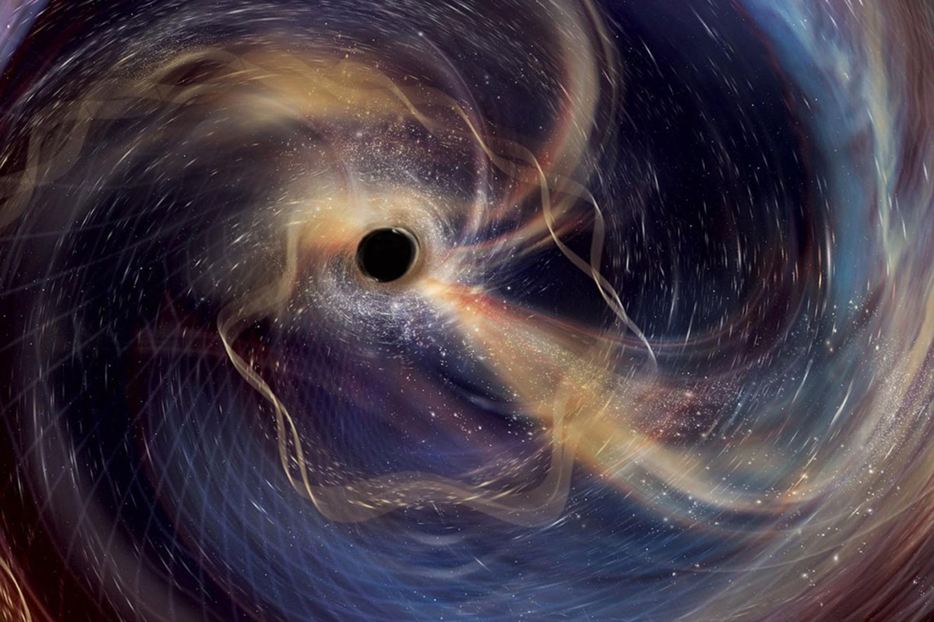 یک تصویر هنری و انتزاعی از یک سیاه‌چاله در میان فضا با خطوط منحنی و درخشان نشان‌دهنده «امواج گرانشی»