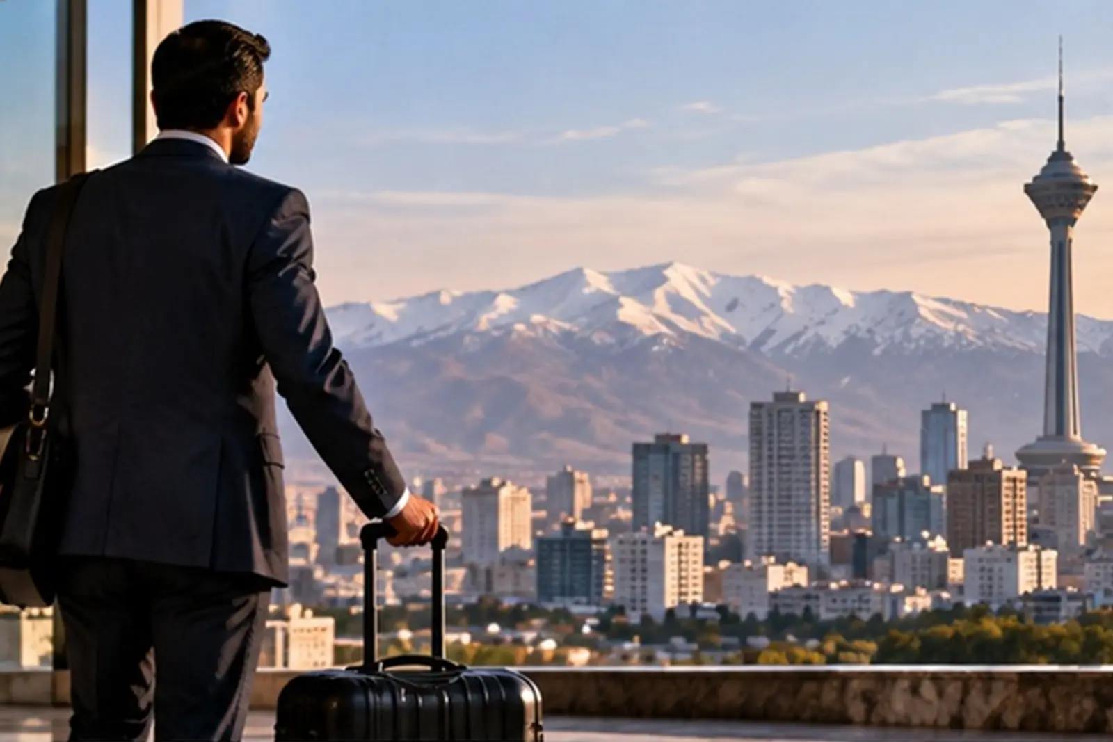 مردی با چمدان در حال تماشای برج میلاد (Milad Tower) و کوه‌های البرز