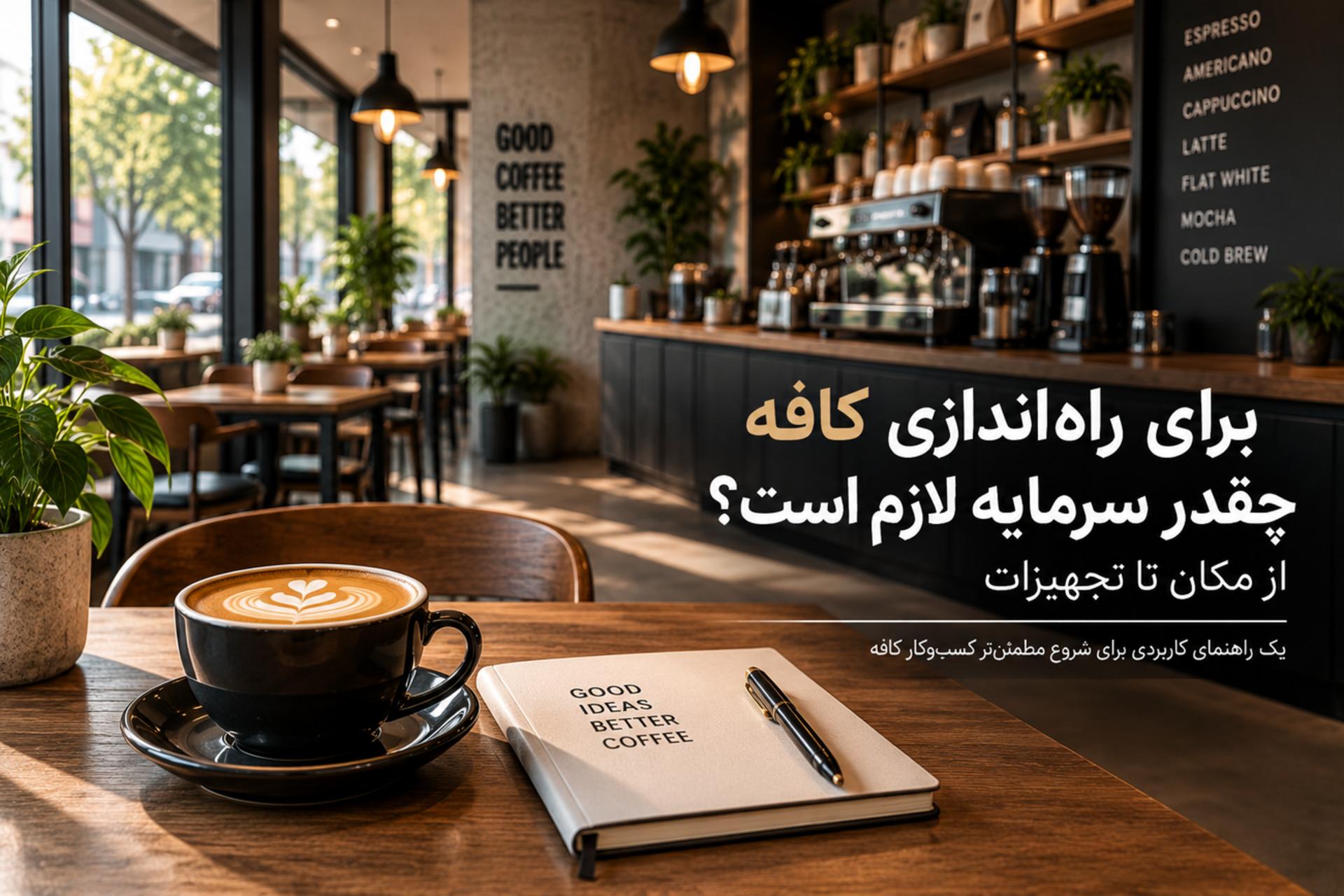 فنجان قهوه لاته و دفترچه یادداشت روی میز در فضای داخلی یک کافه