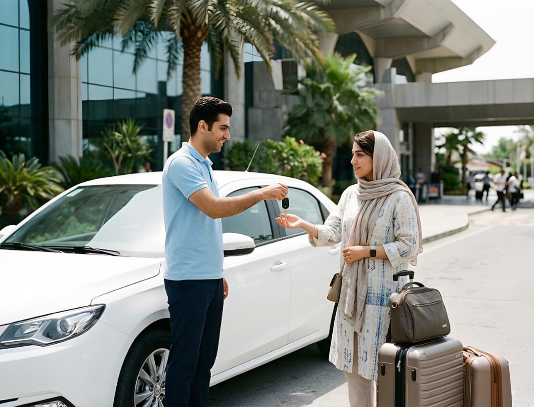 تحویل کلید خودروی سفید توسط کارمند به مسافری زن در کنار خودرو