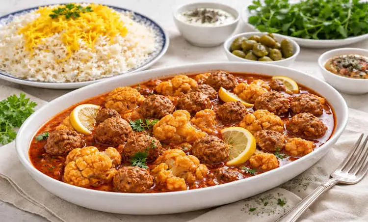 خورش گل کلم (Cauliflower Stew) همراه با کوفته‌های گوشتی و برش‌های لیموی تازه
