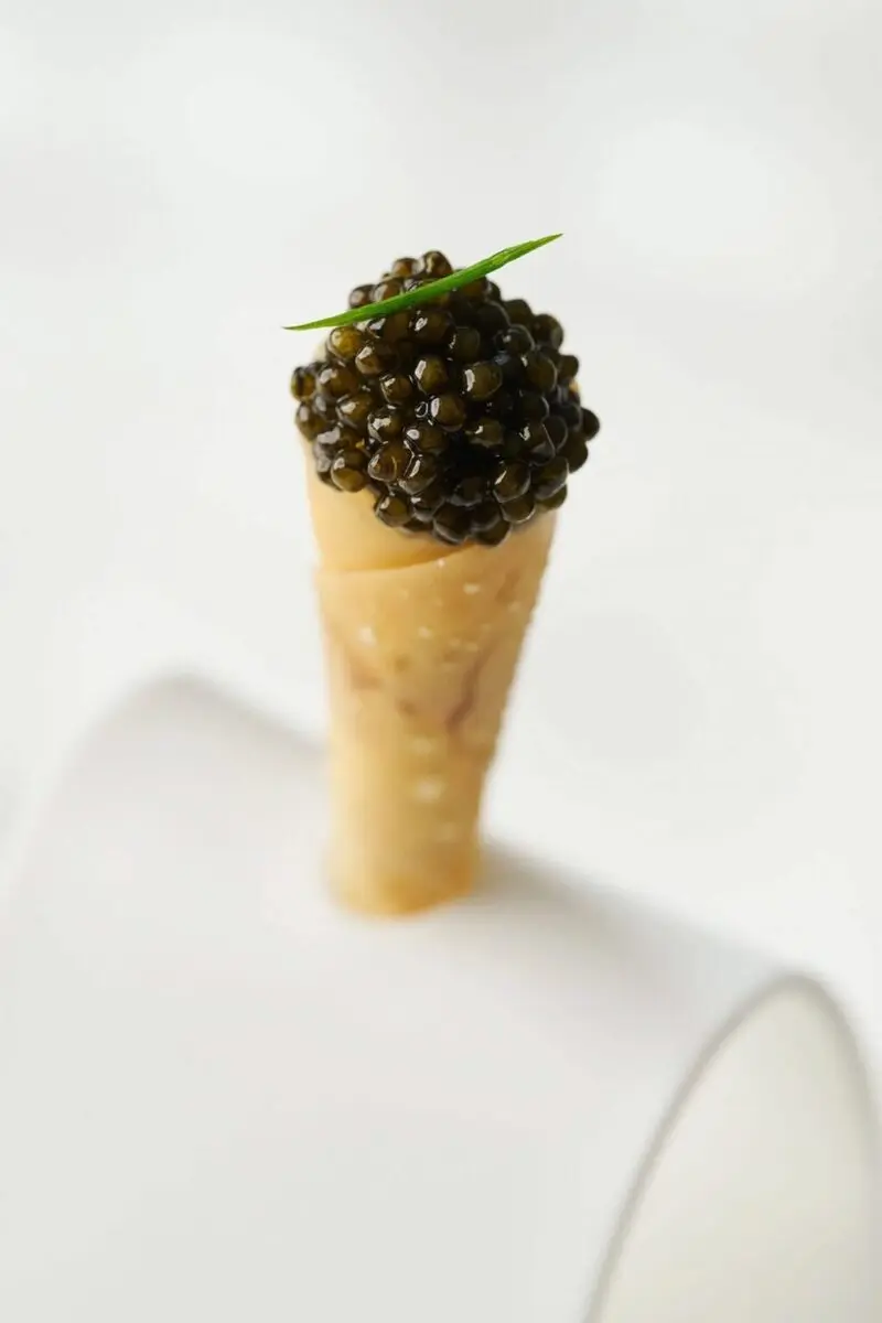 خاویار سیاه (Caviar) روی یک بشقاب مخروطی کوچک با تزیین گیاهی