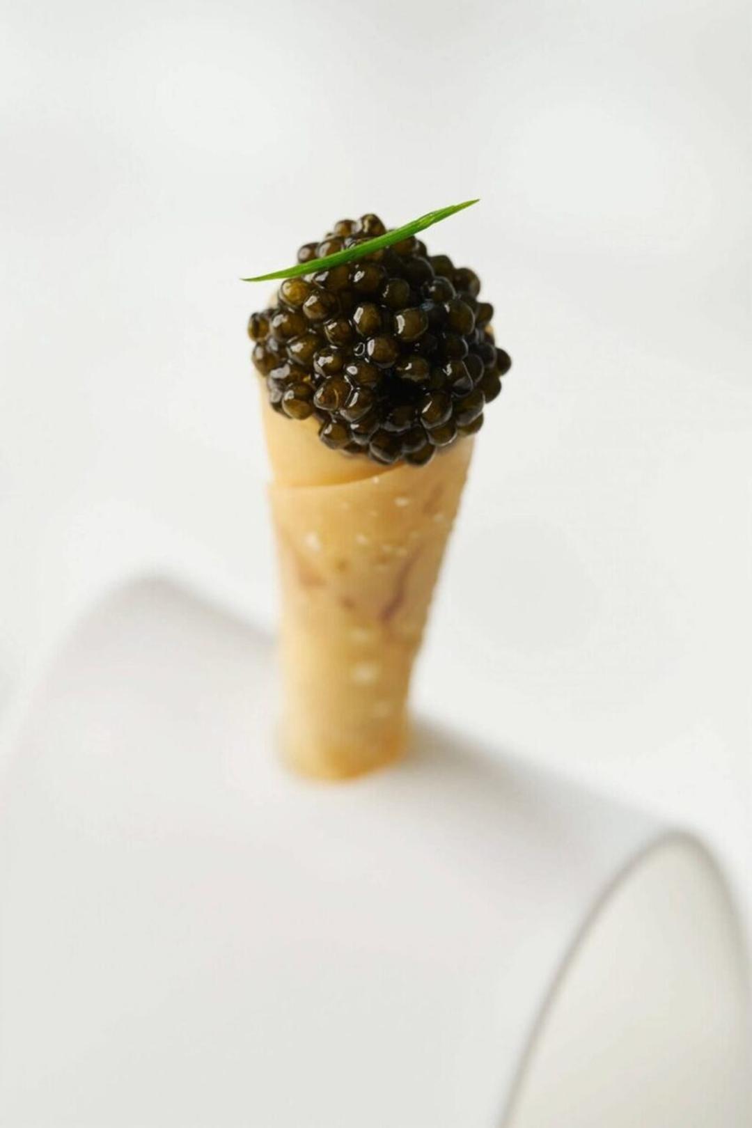 خاویار سیاه (Caviar) روی یک بشقاب مخروطی کوچک با تزیین گیاهی