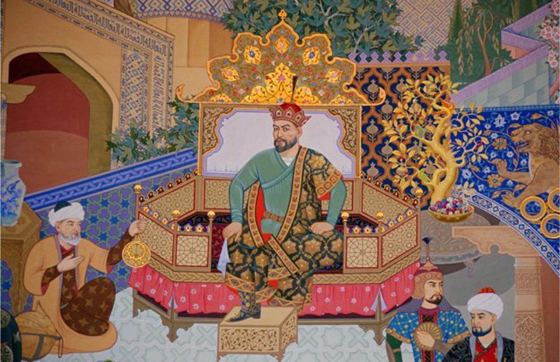 تیمور لنگ نشسته بر تخت پادشاهی