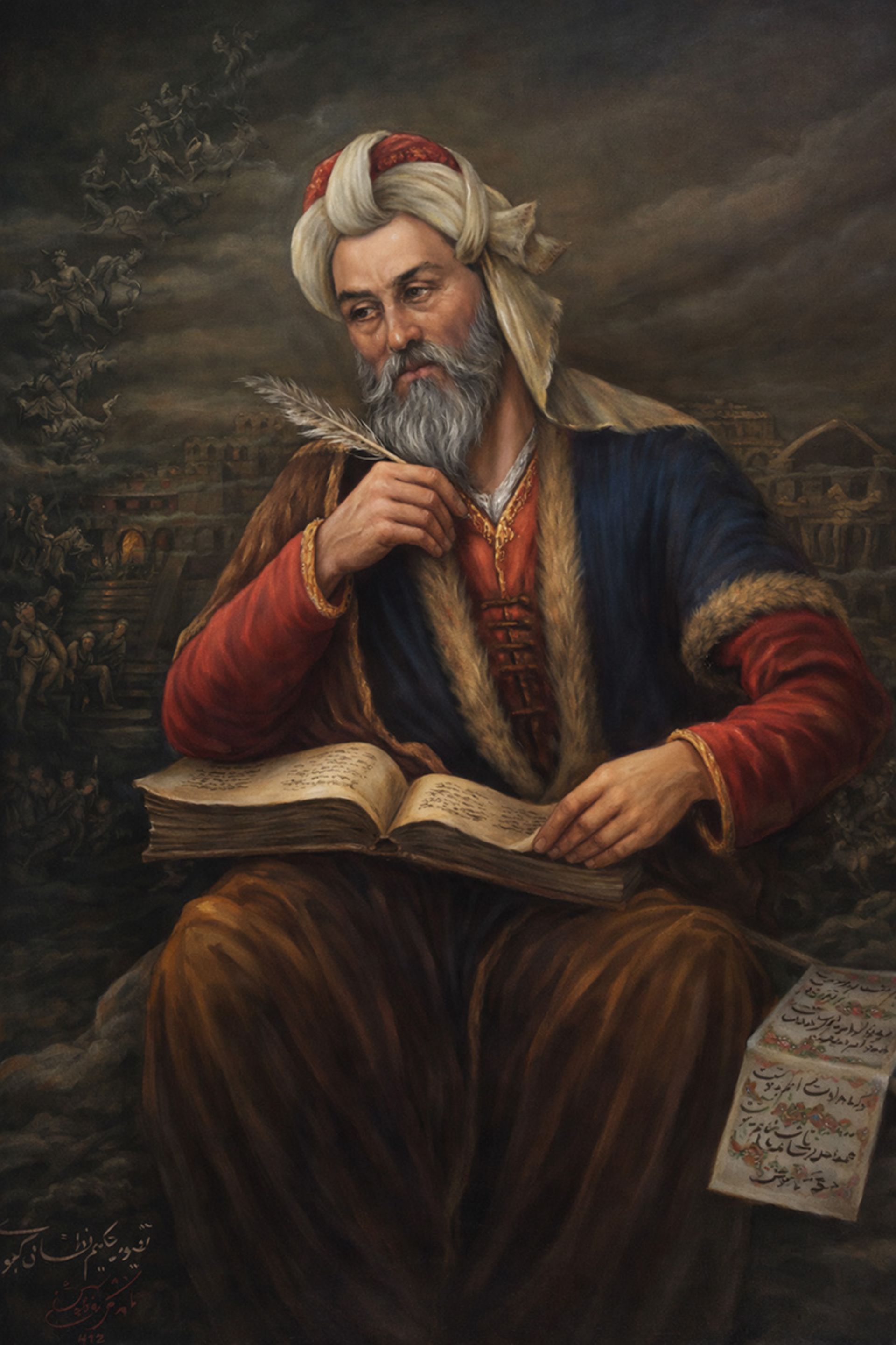 نقاشی قدیمی از نظامی گنجوی در حال سرودن شعر