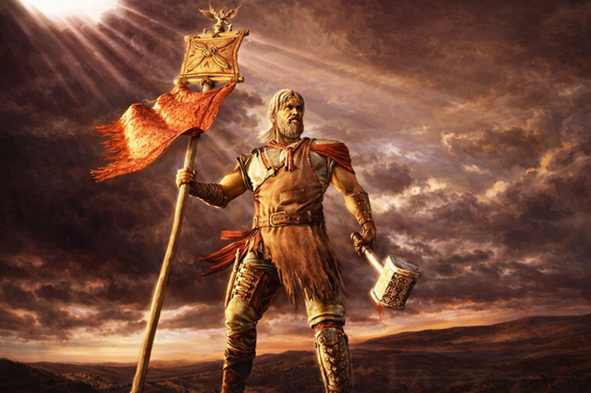 کاوه آهنگر با چکش و درفش کاویانی در دست