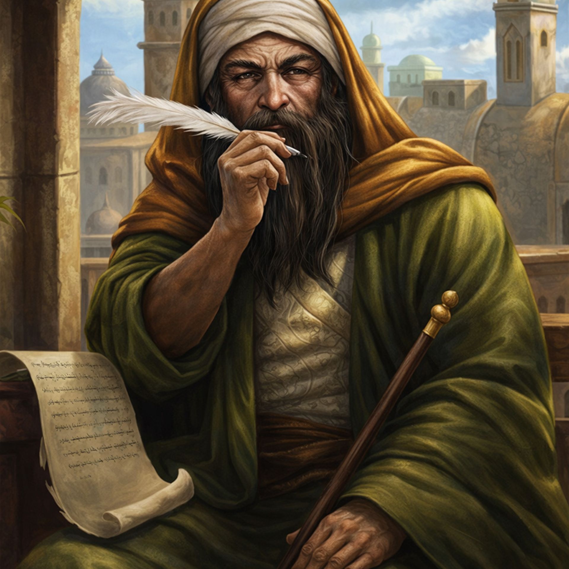 نقاشی از عطار نیشابوری در حال سرودن شعر