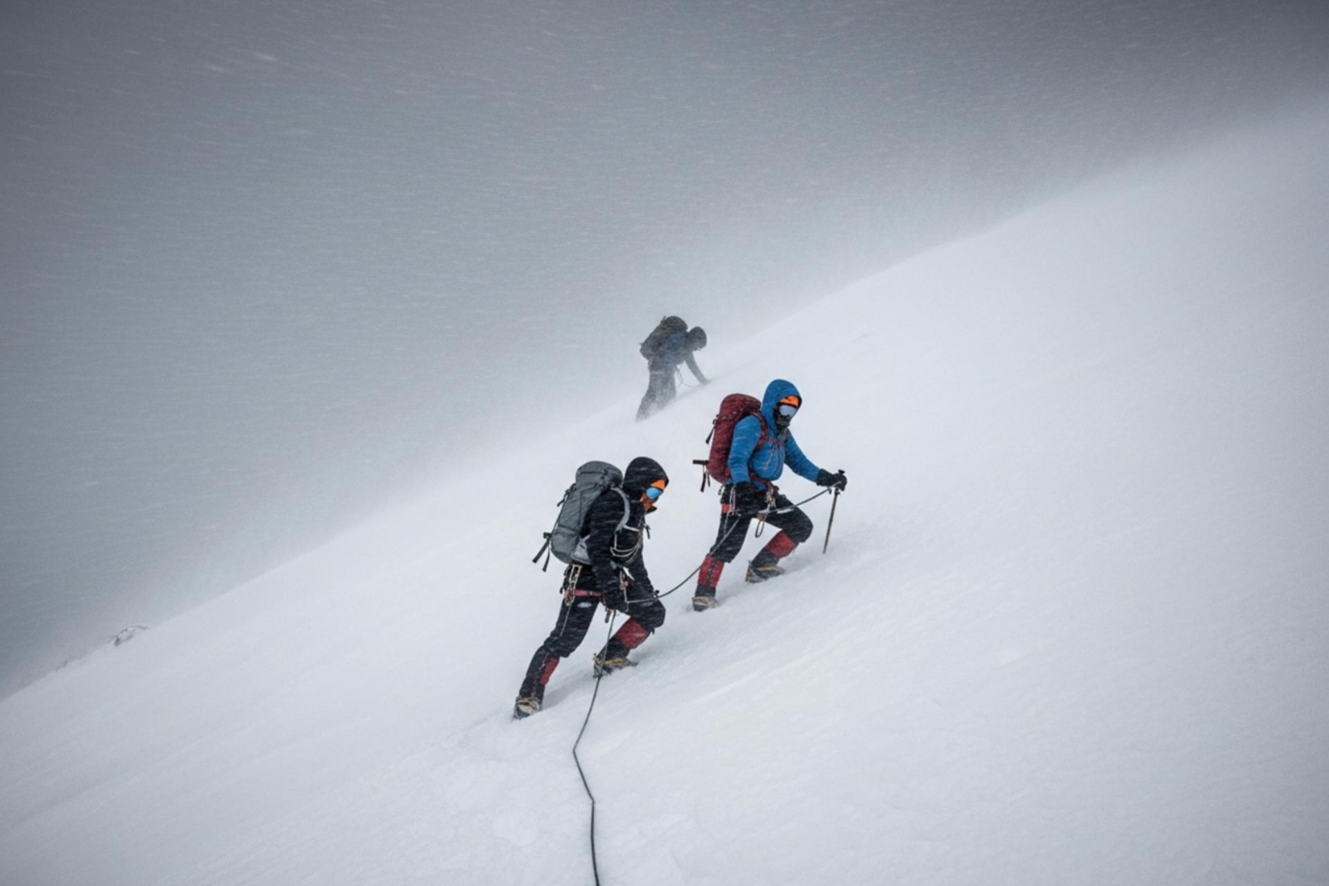 صعود کوهنوردان در هوای برفی و کولاک شدید