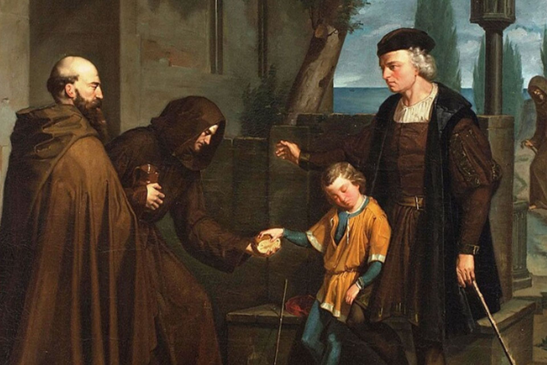 نقاشی تاریخی کلمب و پسرش در جمع راهبان