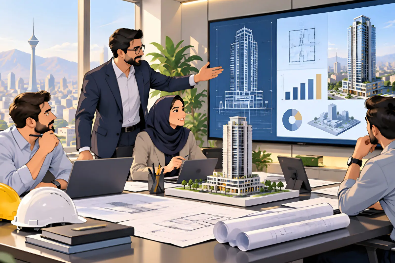 تیم مهندسی در حال بررسی نقشه‌ها و مدل سه‌بعدی ساختمان در دفتر کار