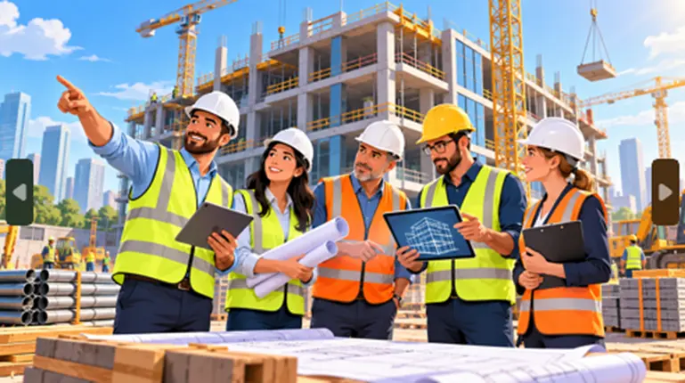 مهندسان و کارگران با کلاه ایمنی در حال بررسی نقشه‌های پروژه ساختمانی