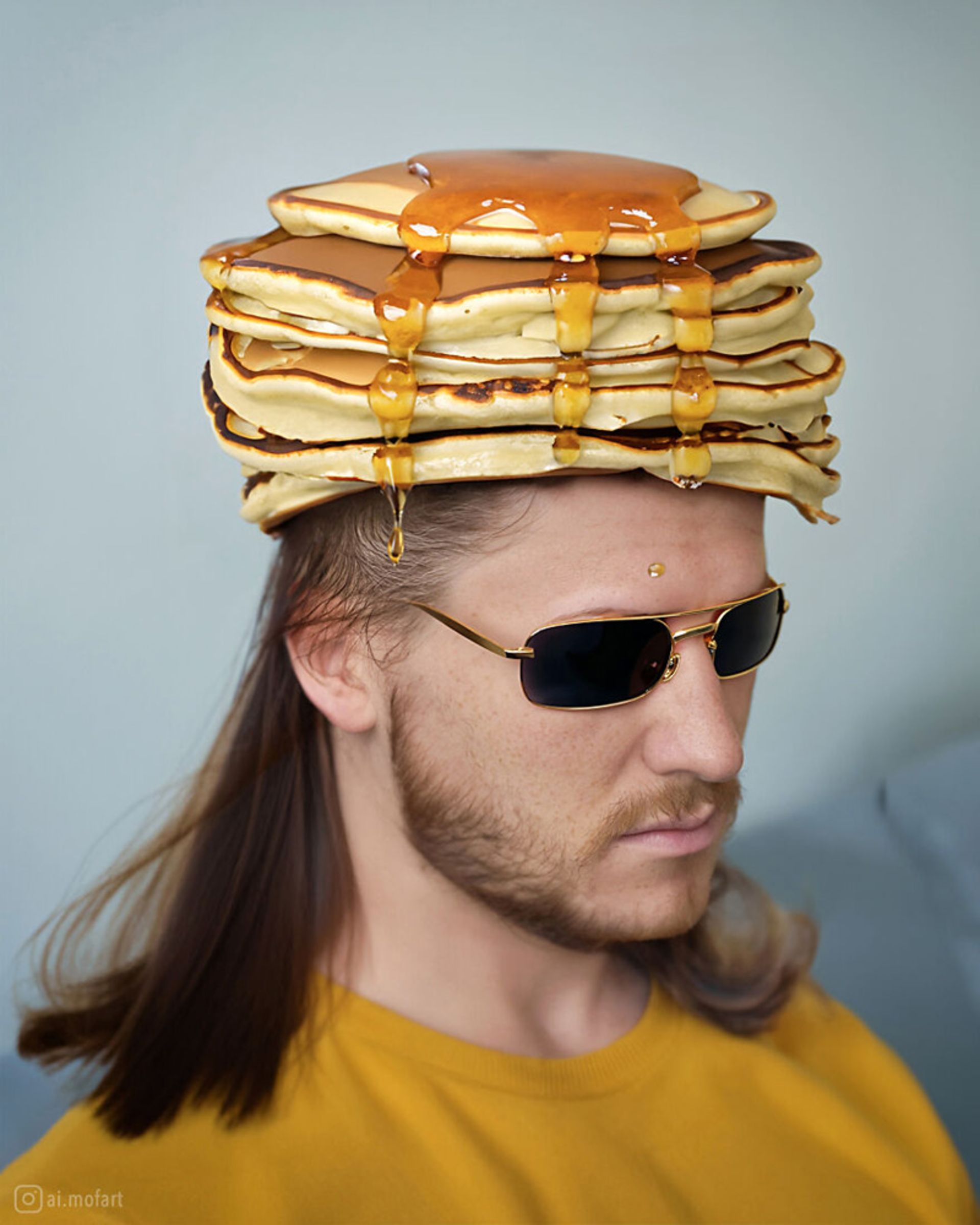 مردی با پنکیک بر سر