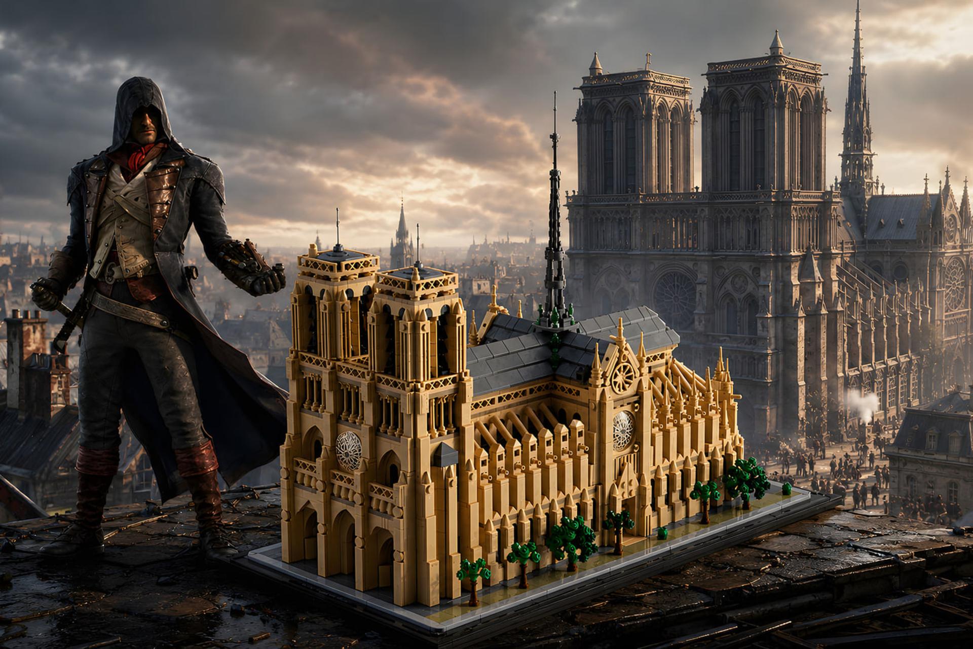 مدل لگو (LEGO) کلیسای نوتردام (Notre Dame) در کنار شخصیت آرنو (Arno) بازی اساسینز کرید