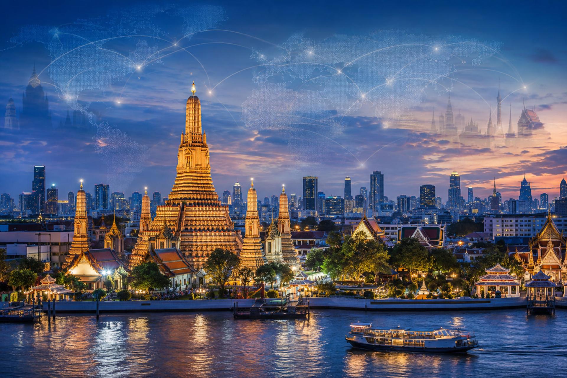 نمای شهر بانکوک (Bangkok) با معبد وات آرون و نقشه دیجیتال جهان