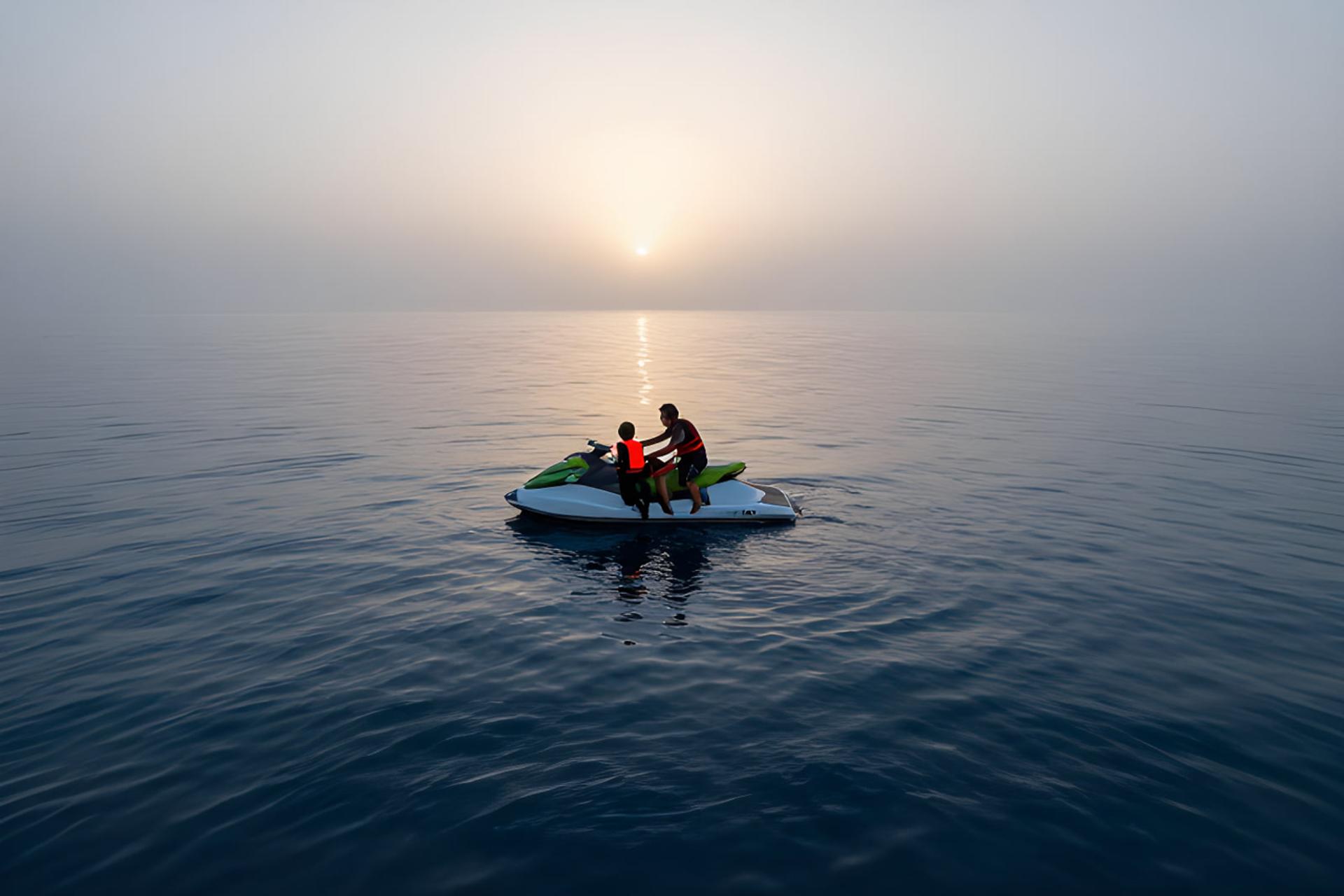 دو نفر سوار بر جت‌اسکی (Jet Ski) در میان آب‌های آرام دریا هنگام غروب