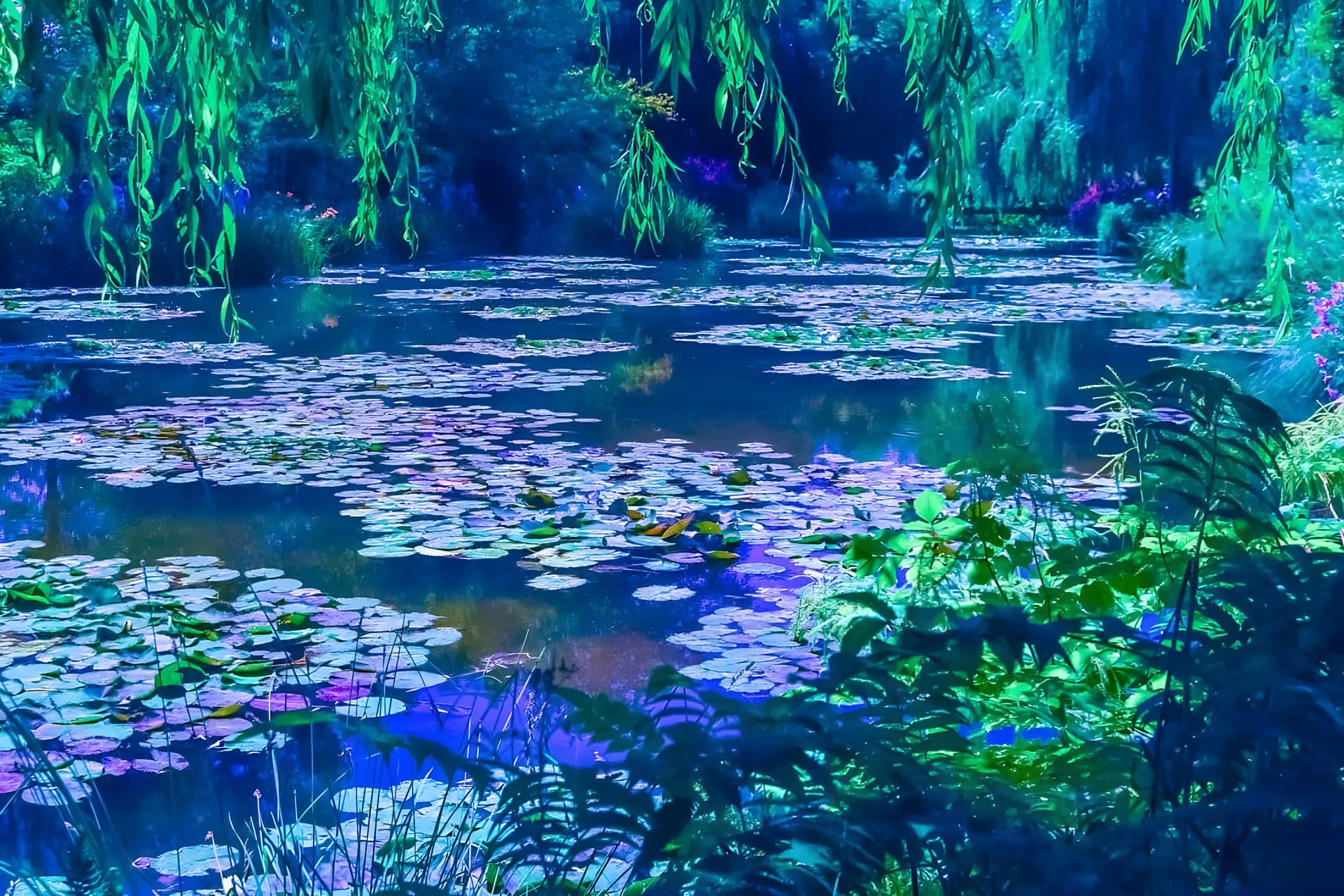 گل‌های نیلوفر آبی (Water Lilies) در برکه‌ی باغ مونه در ژیورنی