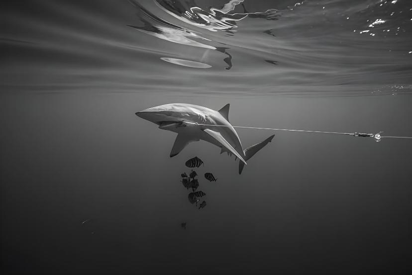 کوسه (Shark) متصل به قلاب و نخ ماهیگیری در اعماق اقیانوس