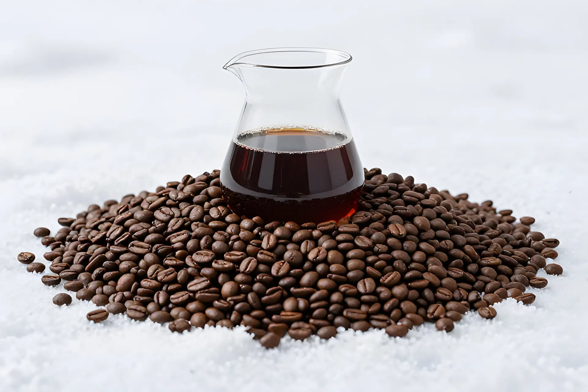 قهوه سرد (Cold Brew) در ظرف شیشه‌ای روی توده‌ای از دانه‌های قهوه و برف